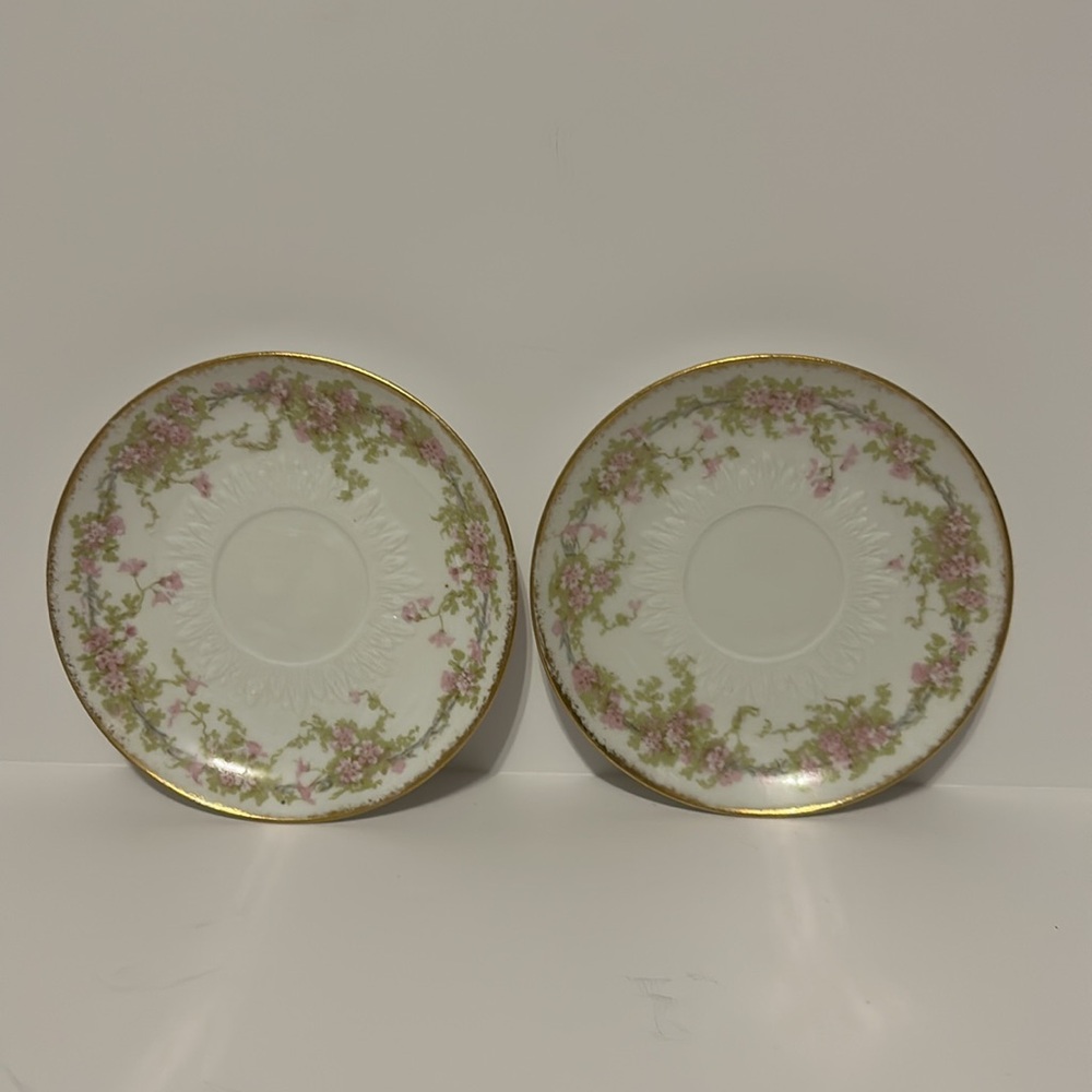 Vintage White Porcelain Saucer with Pink Floral Garland and Gold Rim